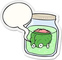 cartoon spooky brain floating in jar and speech bubble sticker vector