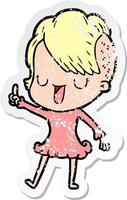 distressed sticker of a cute cartoon girl with hipster haircut vector