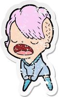 distressed sticker of a cartoon cool hipster girl talking vector