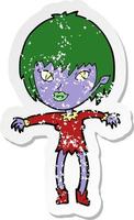 retro distressed sticker of a cartoon vampire girl vector