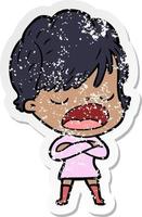 distressed sticker of a cartoon woman talking vector