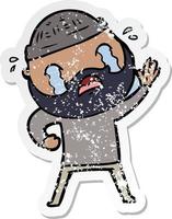 distressed sticker of a cartoon bearded man waving and crying vector