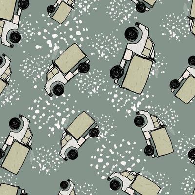 Cute truck car seamless pattern. Kids hand drawn automobile background. Transport wallpaper.