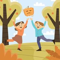 cara feliz de hombre y mujer durante la temporada de caza de calabazas vector