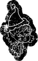 pretty cartoon distressed icon of a elf girl wearing santa hat vector