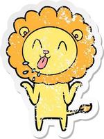 distressed sticker of a happy cartoon lion vector