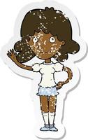 retro distressed sticker of a cartoon woman waving vector