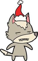 line drawing of a wolf showing teeth wearing santa hat vector