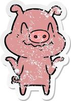 distressed sticker of a nervous cartoon pig vector