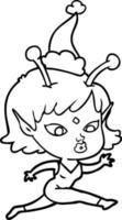 bonito dibujo lineal de una chica alienígena corriendo con sombrero de santa vector