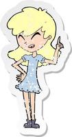 retro distressed sticker of a cartoon girl making point vector