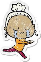 distressed sticker of a cartoon crying old lady vector