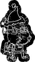 cartoon distressed icon of a joyful man with beard and parcel under arm wearing santa hat