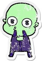 distressed sticker of a cartoon weird bald spaceman vector