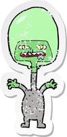 retro distressed sticker of a cartoon space alien vector