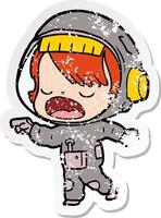 distressed sticker of a cartoon talking astronaut vector