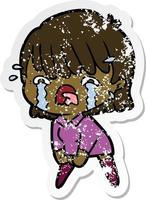 pegatina angustiada de una niña de dibujos animados llorando vector