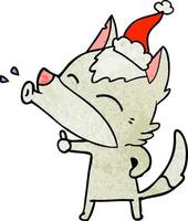 howling wolf textured cartoon of a wearing santa hat vector