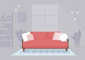 Red sofa with beautifully arranging pillows flat color vector illustration