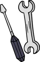 cartoon doodle of a spanner and a screwdriver vector