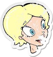 retro distressed sticker of a cartoon pretty female face vector