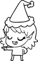 dibujo de línea feliz de una niña elfa señalando con sombrero de santa vector