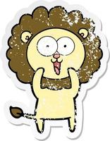 distressed sticker of a happy cartoon lion vector