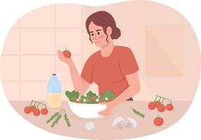 Making salad with fresh vegetables and mayonnaise 2D vector isolated illustration