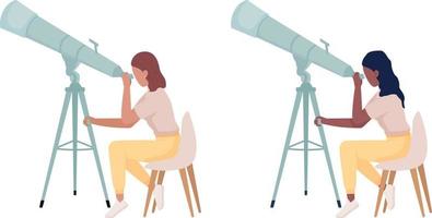 Astronomists with powerful telescopes semi flat color vector characters set