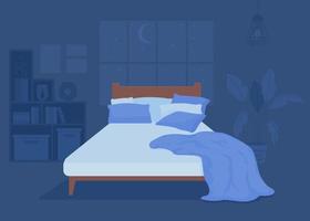 Dark bedroom with unmade bed flat color vector illustration