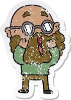 distressed sticker of a cartoon amazed man with beard vector