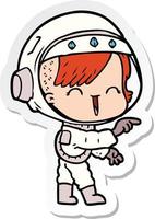sticker of a cartoon astronaut girl pointing and laughing vector