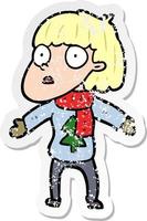 distressed sticker of a cartoon surprised christmas person vector