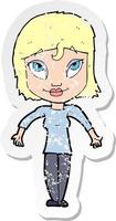 retro distressed sticker of a cartoon girl shrugging shoulders vector