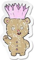 retro distressed sticker of a cartoon teddy bear wearing paper crown vector