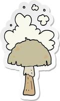 sticker of a cartoon mushroom with spore cloud vector