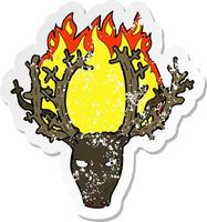 retro distressed sticker of a cartoon stag head fire symbol vector