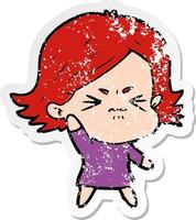 distressed sticker of a cartoon angry girl vector