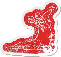 gross cartoon distressed sticker of a slug wearing santa hat vector