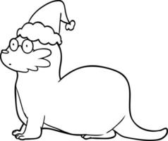 line drawing of a otter wearing santa hat vector