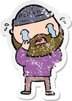 distressed sticker of a cartoon bearded man crying vector