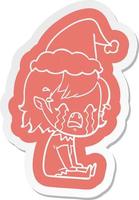 cartoon  sticker of a crying vampire girl wearing santa hat vector