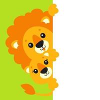 Funny lion and lioness. Cute cartoon character holding white blank poster. With place for text. Colored vector illustration.