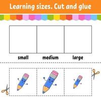 Learning sizes. Cut and glue. Easy level. Color activity worksheet. Game for children. Cartoon character. Vector illustration.