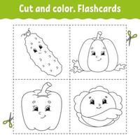 Cut and color. Flashcard Set. Coloring book for kids. Food theme. Cute cartoon character. Black contour silhouette. Isolated on white background. vector