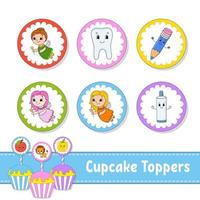 Cupcake Toppers. Set of six round pictures. cartoon characters. Cute image. For birthday, py, baby shower. vector