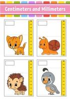 Measuring length in centimeter and millimeter. Education developing worksheet. Game for kids. Color activity page. Puzzle for children. Cute character. Vector illustration. cartoon style.