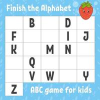 Finish the alphabet. ABC game for kids. Education developing worksheet. Learning game for kids. Color activity page. vector