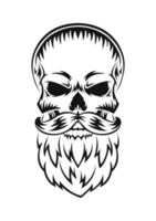 Human skull with beard and mustache. Black silhouette. Design element. Hand drawn sketch. Vintage style. Vector illustration.