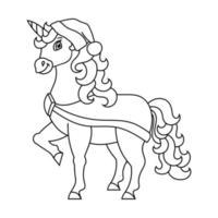 Cute unicorn. Magic fairy horse. Coloring book page for kids. Christmas theme. Cartoon style. Vector illustration isolated on white background.